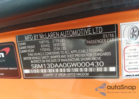 2016 Mclaren 570S z USA, uszkodzony, nr VIN SBM13DAA0GW000430